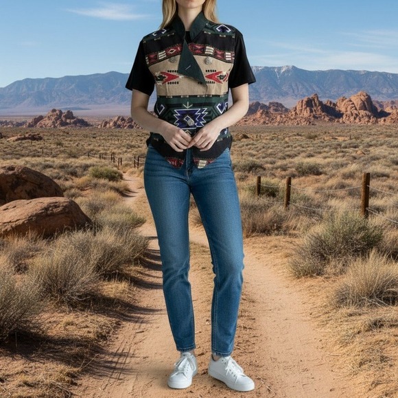 Vtg Southwestern Geometric Print Vest Womens M concho-style buttons Western Boho - Picture 6 of 9